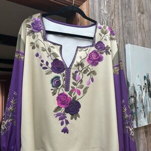 Elegant Floral Women's Blouse - Purple and Cream